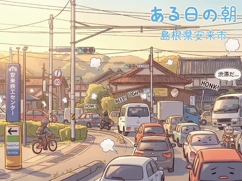 コマ1：朝の安来市。軽トラや軽自動車が国道9号線を走り、田畑・JA・病院・スーパーへ向かう日常の風景。
