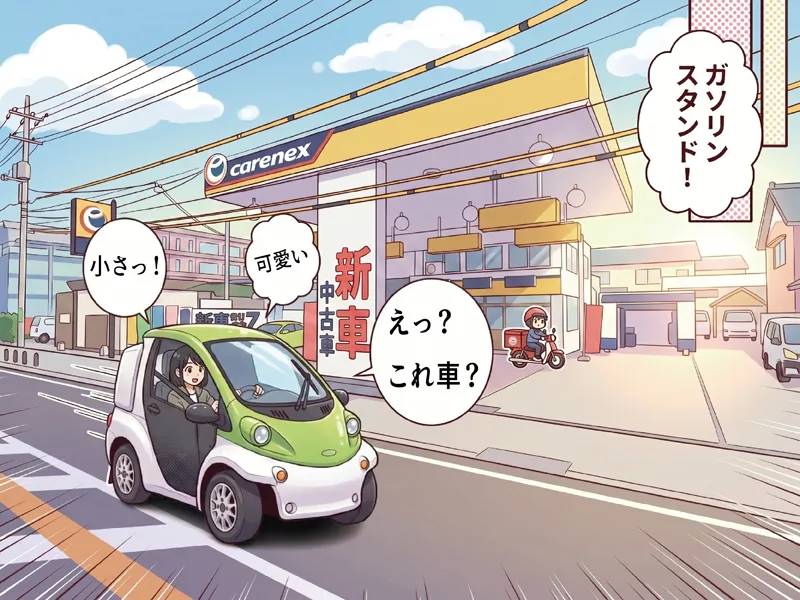 コマ3：永惣のスタンド前にちょこんと置かれた小さなコムスを見て、驚いて眺める女性。