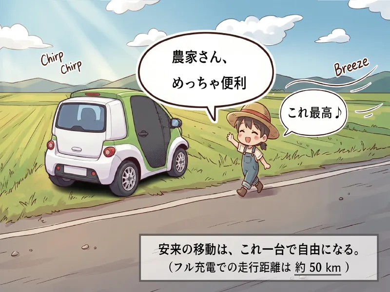 コマ7：軽トラの横にコムスを停め、畑・直売所・近所への配達にコムスで移動する農家男性。