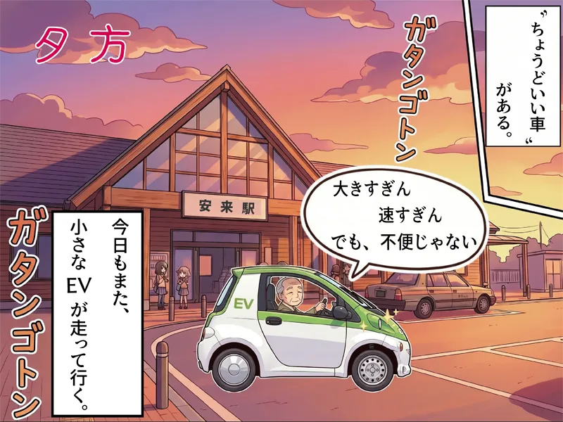 コマ8：夕暮れの安来、国道9号線を静かに走る小さなコムス。背景に永惣のスタンドが広がる。